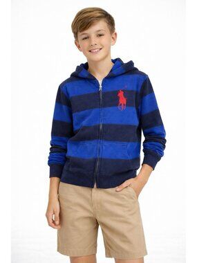 POLO RALPH LAUREN hoodie sweatshirt blue XL 16 18 big pony zip up  rugby stripe